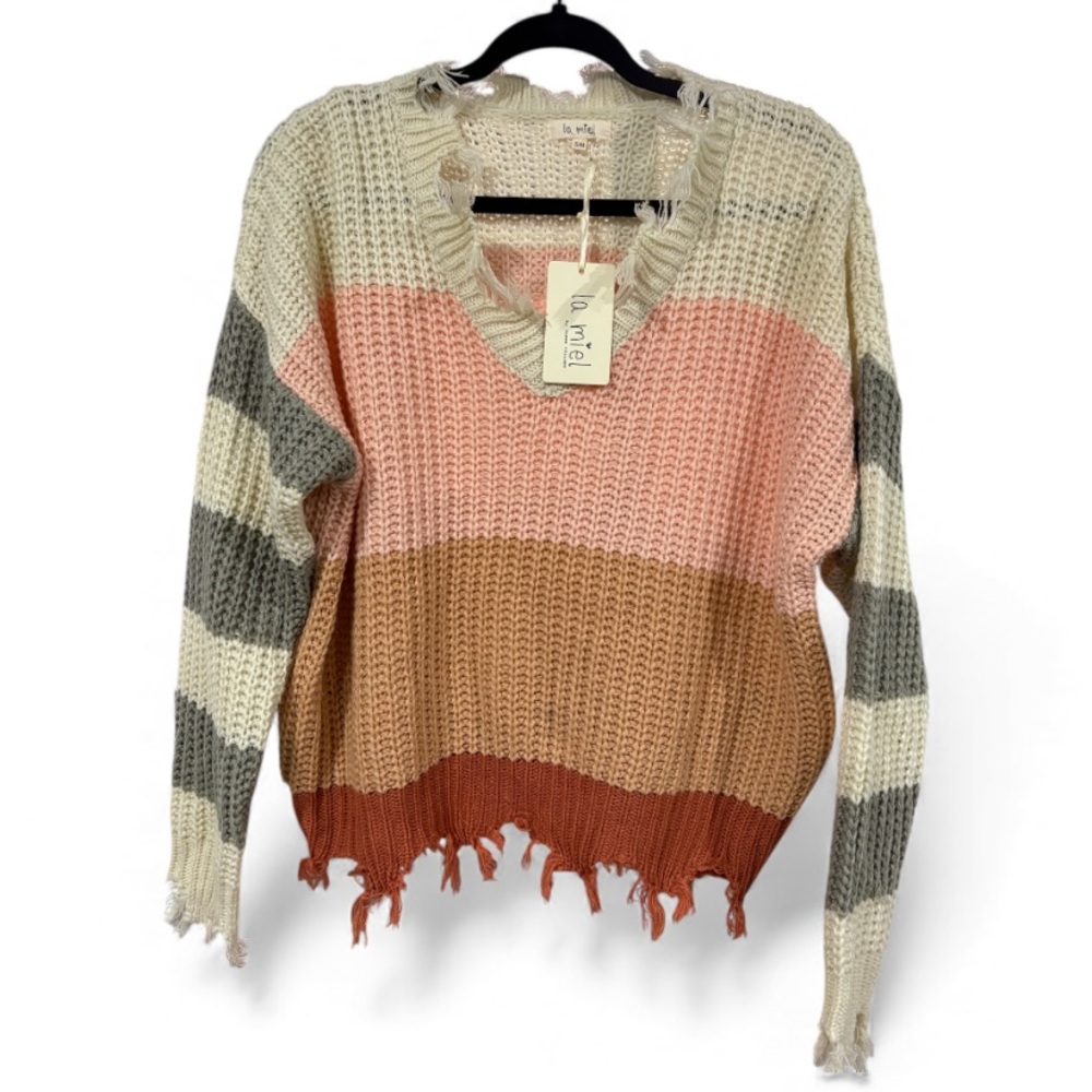 La Miel Striped‎ Frayed Hem V Neck Sweater- Size S/M